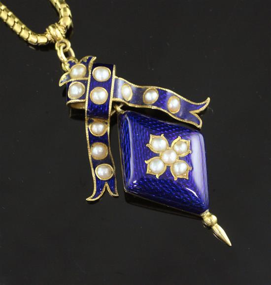 A late Victorian gold, blue guilloche enamel and split pearl drop pendant locket necklace, chain 16in.